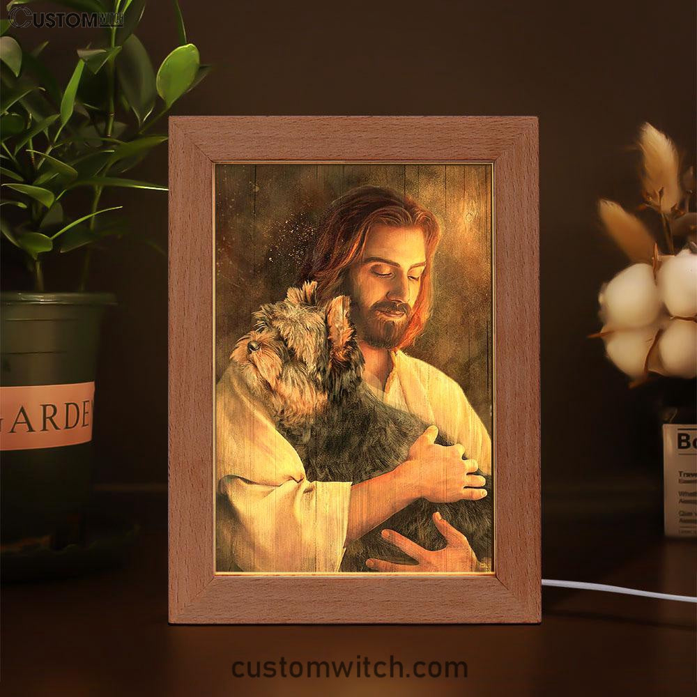 Yorkshire Terrier Dog In His Arms Jesus Frame Lamp Decor - Christian Art - Gift For Dog Lover