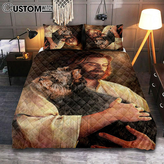 Yorkshire Terrier Dog In His Arms Jesus Quilt Bedding Set Cover Twin Bedding Decor - Christian Bedroom - Gift For Dog Lover