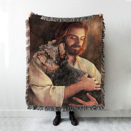 Yorkshire Terrier Dog In His Arms Jesus Woven Boho Blanket - Christian Throw Blanket - Gift For Dog Lover