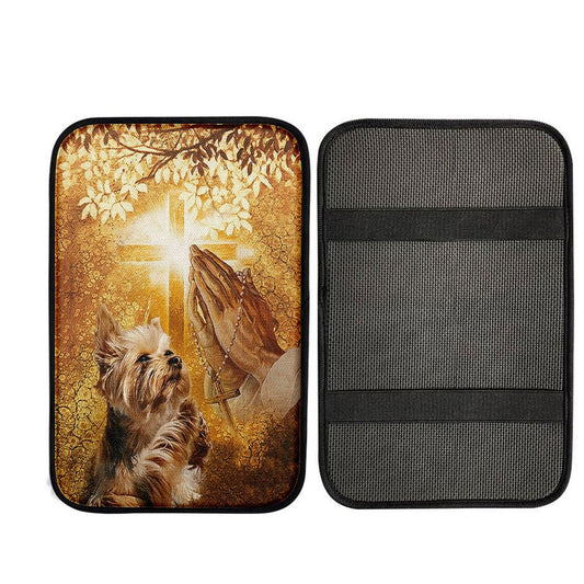 Yorkshire Terrier Dog Jesus Praying Hand Light Cross Car Armrest Pad - Gift For Dog Lover Bible Verse Car Interior Accessories