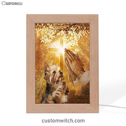 Yorkshire Terrier Dog Jesus Praying Hand Light Cross Frame Lamp Decor - Christian Art - Gift For Dog Lover