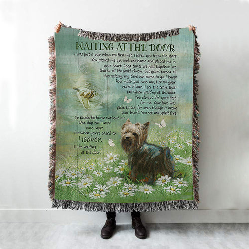 Yorkshire Terrier Dog Waiting At The Door Woven Blanket - Jesus Christ Hand Daisy Field Woven Boho Blanket - Christian Throw Blanket - Gift For Dog Lover