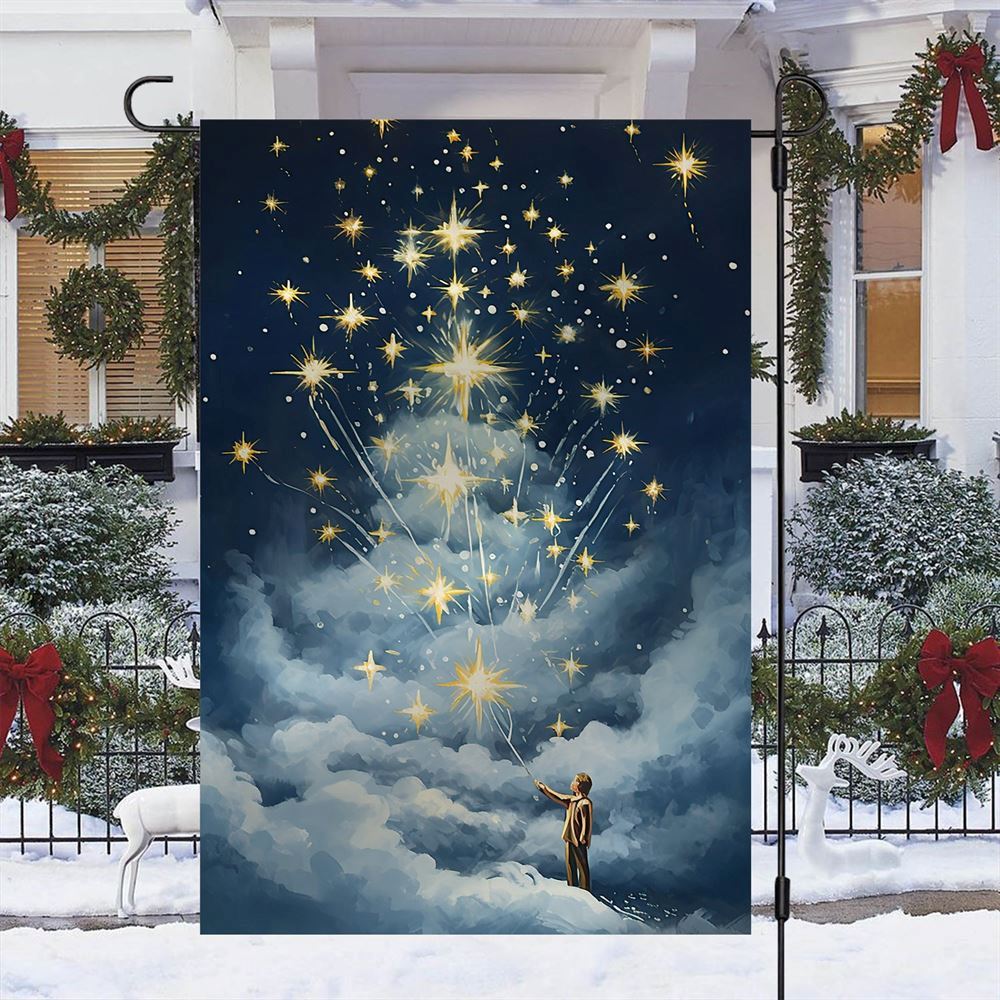 Young Boy Touch The Starlight Flag, Christmas Garden Flag, Home Decor Accessories, Christmas Outdoor Decor Ideas