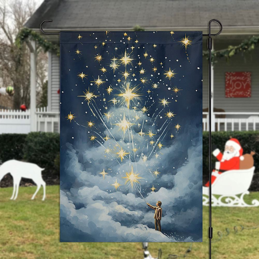 Young Boy Touch The Starlight Flag, Christmas Garden Flag, Home Decor Accessories, Christmas Outdoor Decor Ideas