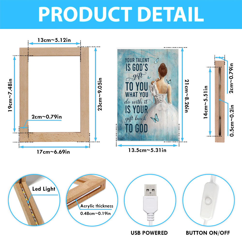 Your Talent Is God's Gift Ballet White Dress Blue Butterfly Frame Lamp Art - Christian Night Light - Bible Verse Wooden Lamp