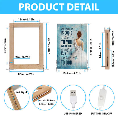 Your Talent Is God's Gift Ballet White Dress Blue Butterfly Frame Lamp Art - Christian Night Light - Bible Verse Wooden Lamp