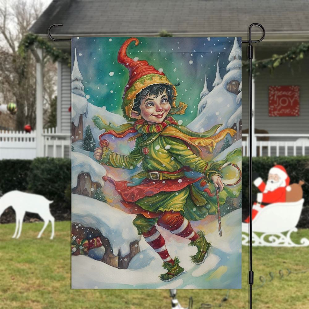Yuletide Glee The Elf's Winter Waltz Flag, Christmas Garden Flag, Home Decor Accessories, Christmas Outdoor Decor Ideas