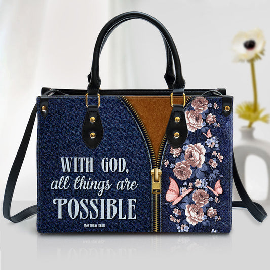 Zippered Leather Handbag With Handle With God All Things Are Possible Matthew 1926 Christ Gifts For Women Of God