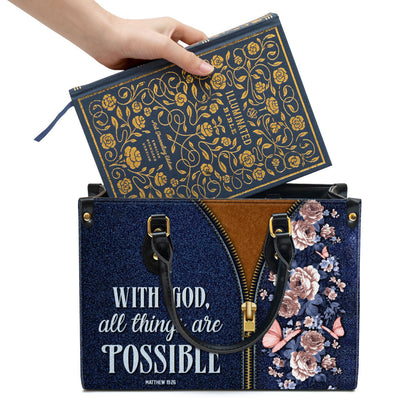 Zippered Leather Handbag With Handle With God All Things Are Possible Matthew 1926 Christ Gifts For Women Of God