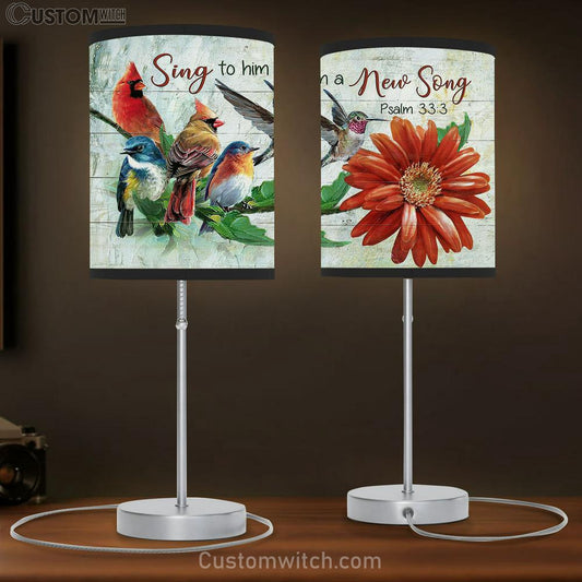 birds Red flower Sing to him a new song Table Lamb Gift - Bible Verse Table Lamb - Religious Bedroom Decor