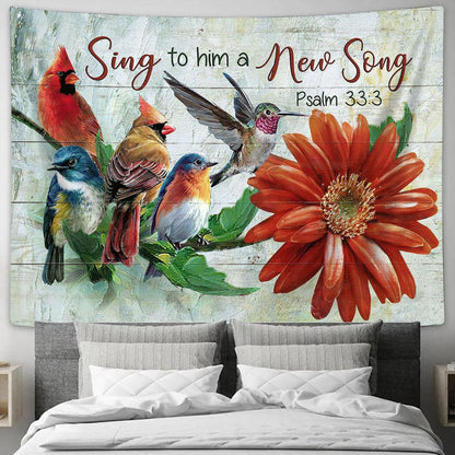 birds Red flower Sing to him a new song Tapestry Wall Art - Bible Verse Tapestry - Religious Tapestry Wall Hanging