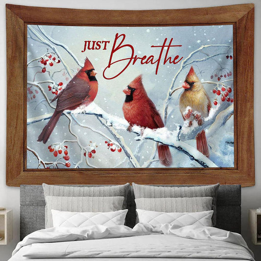 cardinal Red cranberry Just breathe Tapestry Wall Art - Bible Verse Tapestry - Religious Tapestry Wall Hanging
