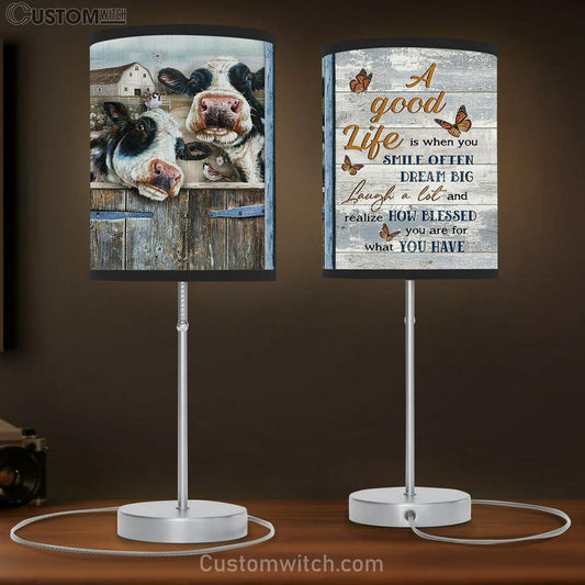 dairy cow A good life is when you smile often Table Lamb Gift - Bible Verse Table Lamb - Religious Bedroom Decor
