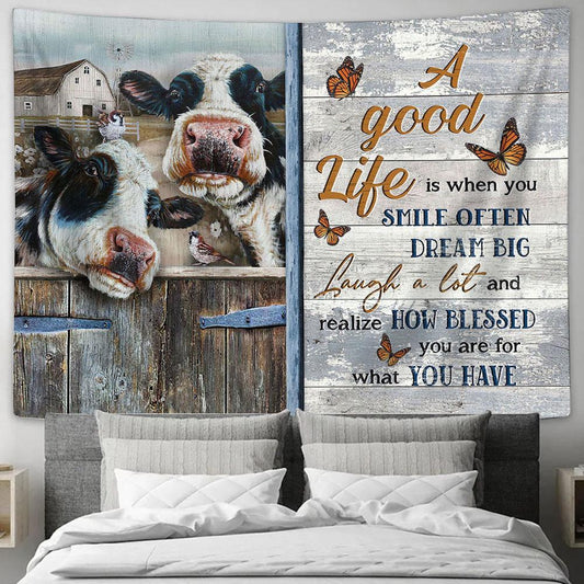 dairy cow A good life is when you smile often Tapestry Wall Art - Bible Verse Tapestry - Religious Tapestry Wall Hanging