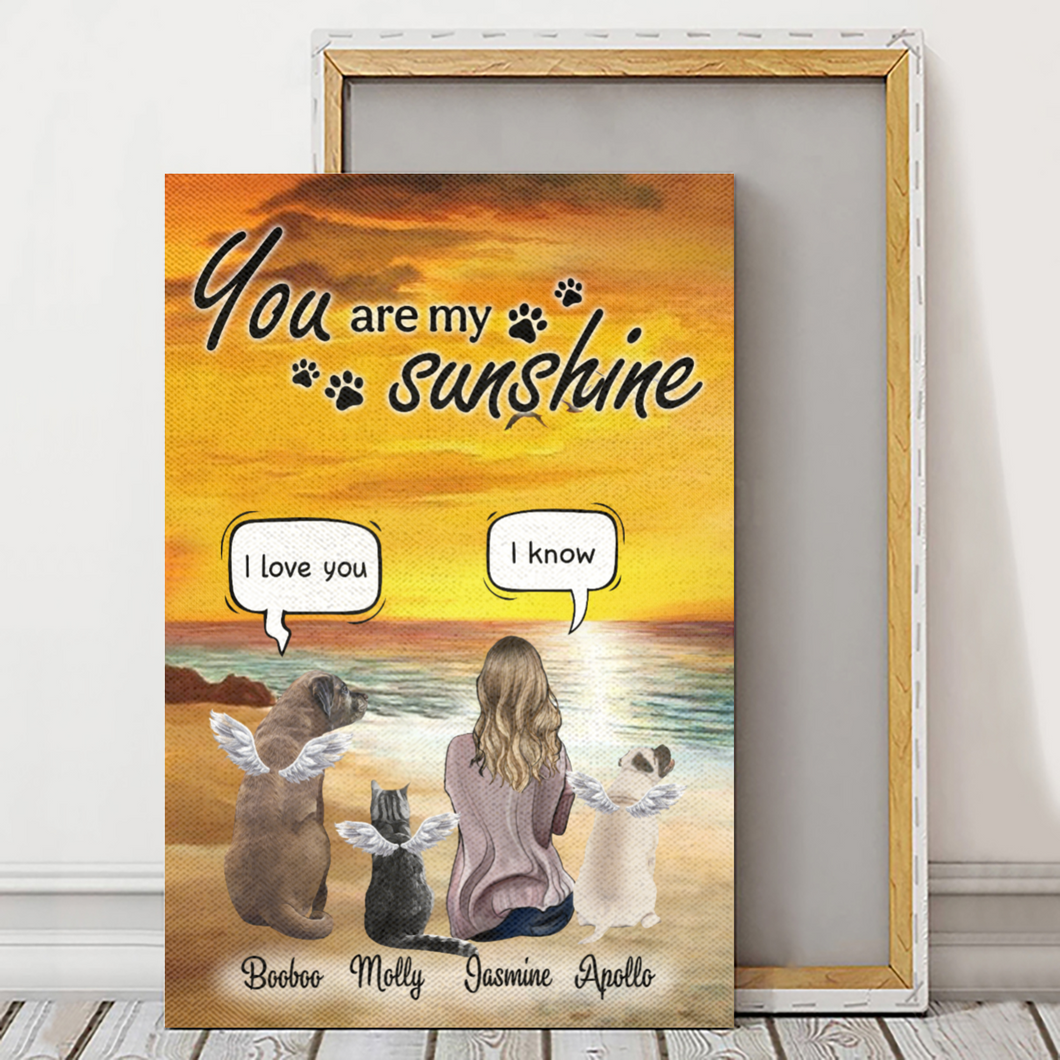 Personalized - One Mom with Pets Conversation - You are my sunshine - Choose up to 3 Dogs/Cats - Canvas/Canvas with Frame/Poster