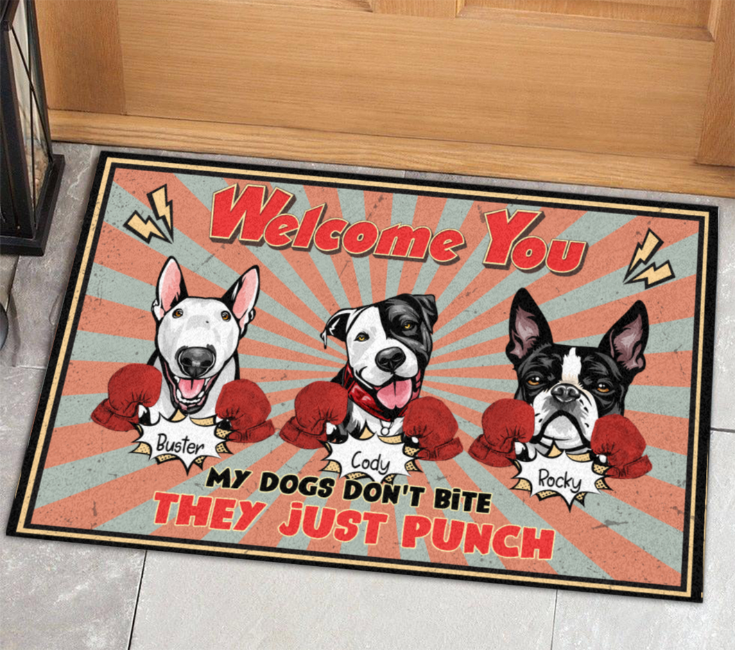 Personalized - My Pets don't bite, they just punch - Choose up to 3 Dogs/ Cats Doormat