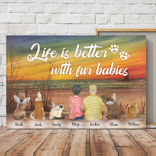 Customwitch Personalized Canvas/Canvas with Frame/Poster for Couples/Dog Lovers/Cat Lovers Custom Name/Pets breed/Hair/Shirt/Skin - Mom & Dad with Dogs/Cats - Life is better with fur babies (up to 5 Pets)