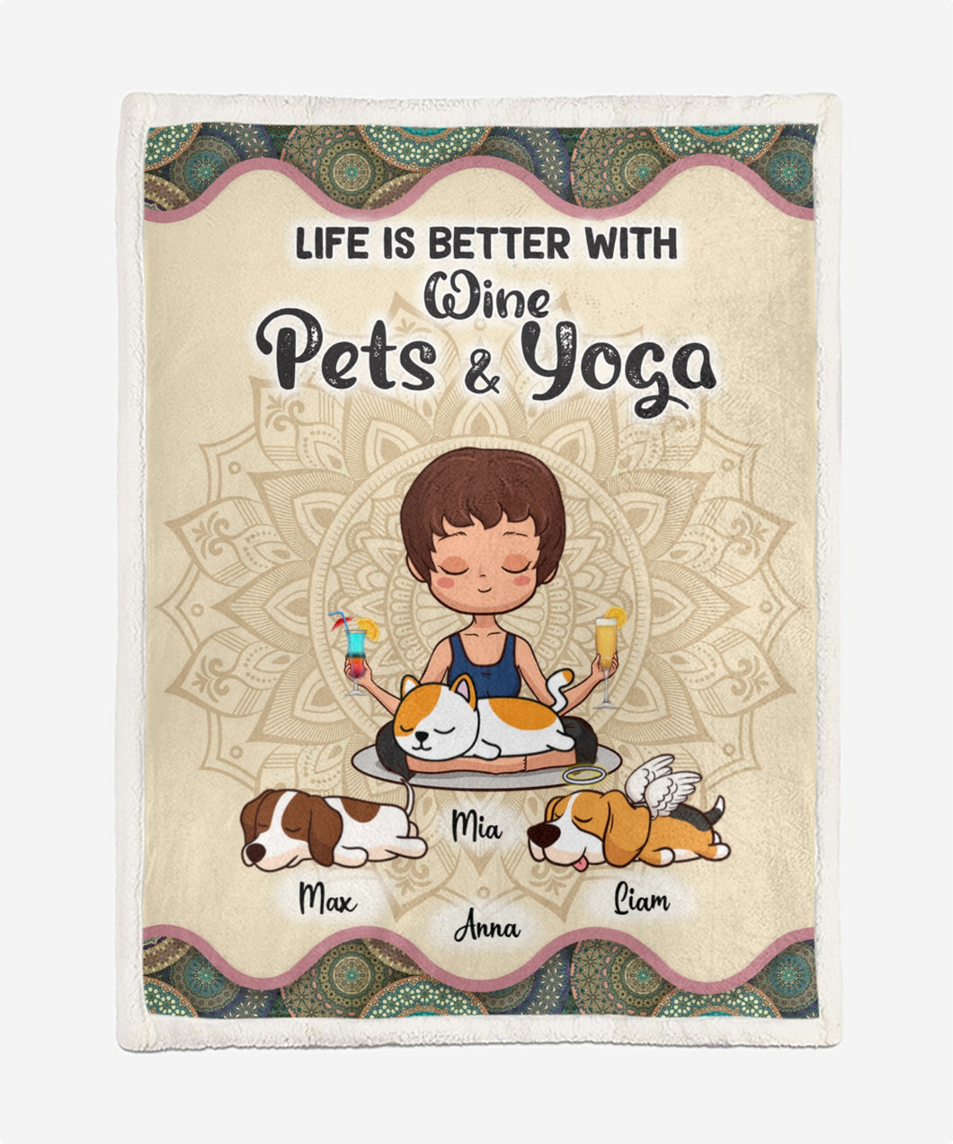 Customwitch Personalized Blanket for Yoga Girls/Pet Lovers Amazing Gift with custom Dogs/Cats breed, Hair, Skin Color & Names - Life Is Better With Wine, Pet And Yoga