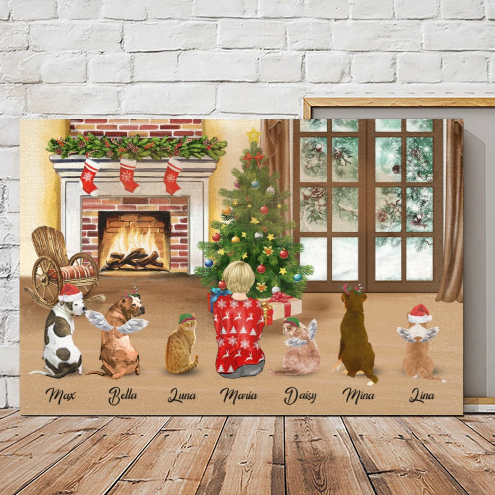 Customwitch Personalized Christmas Poster/Framed Canvas/Unframed Canvas For Pet Lovers - Chubby/Skinny Mom or Dad With Up To 6 Pets/Dogs/Cats