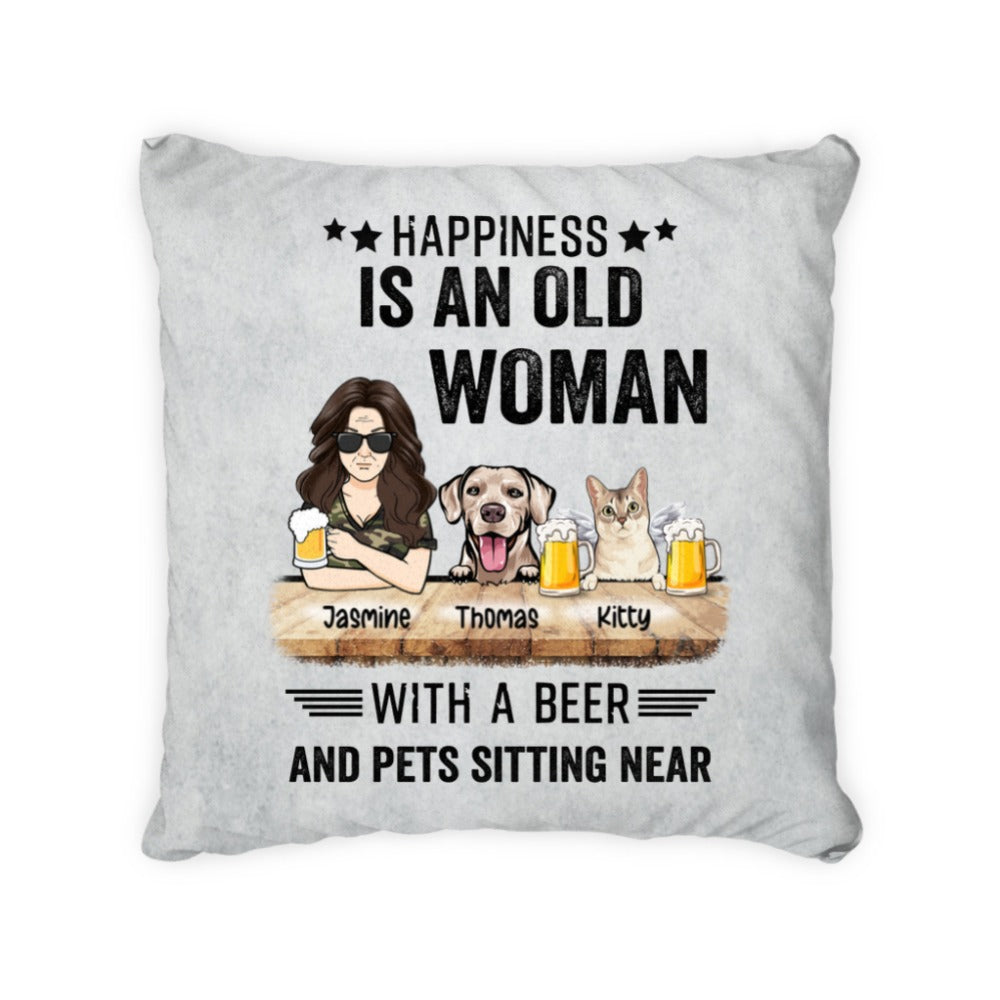 Customwitch Personalized Pillow for Pet Mom, Unique Gift with Custom Names/Dogs/Cats Breeds - A Happy Woman With a Beer and Pets