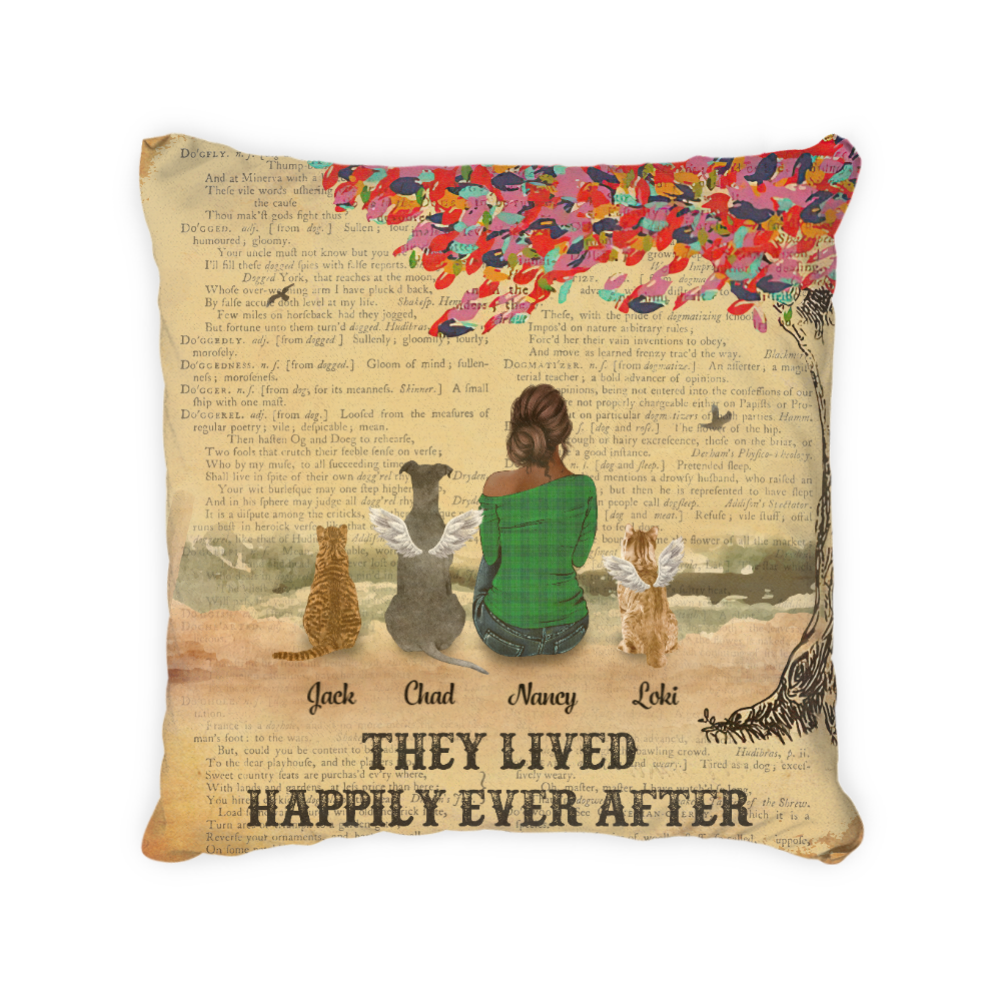 Personalized - They lived happily ever after - One Mom with Pets - Choose up to 3 Dogs/Cats/Rabbits Pillow (Print on both sides)