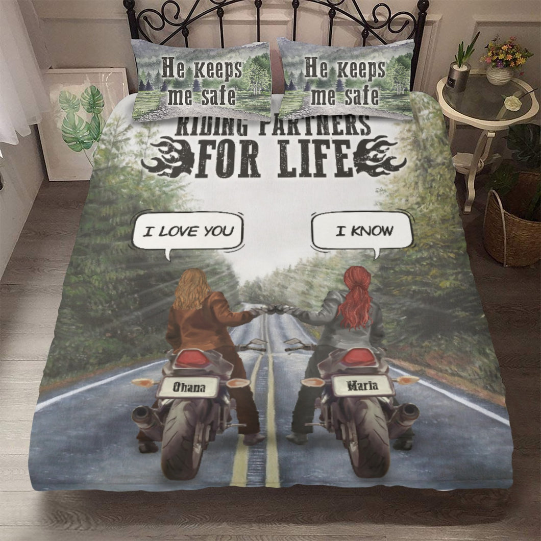 Personalized Bedding set for Couples/Friend Anniversary Gift with custom Name/Body/Hair - 2 Women/Riding partners for Life with Conversations