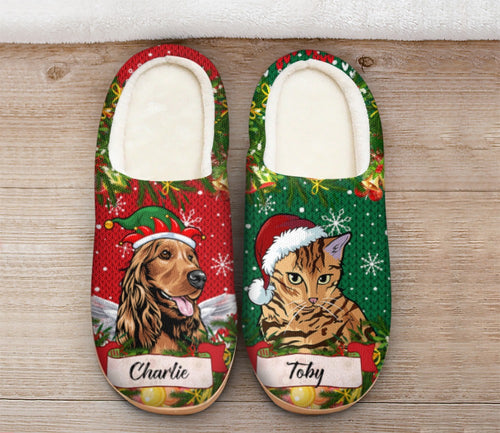 Customwitch Personalized Slippers for Pet Lovers - Christmas Gift with Custom Names/Pets Breed - Different Left - Right Design
