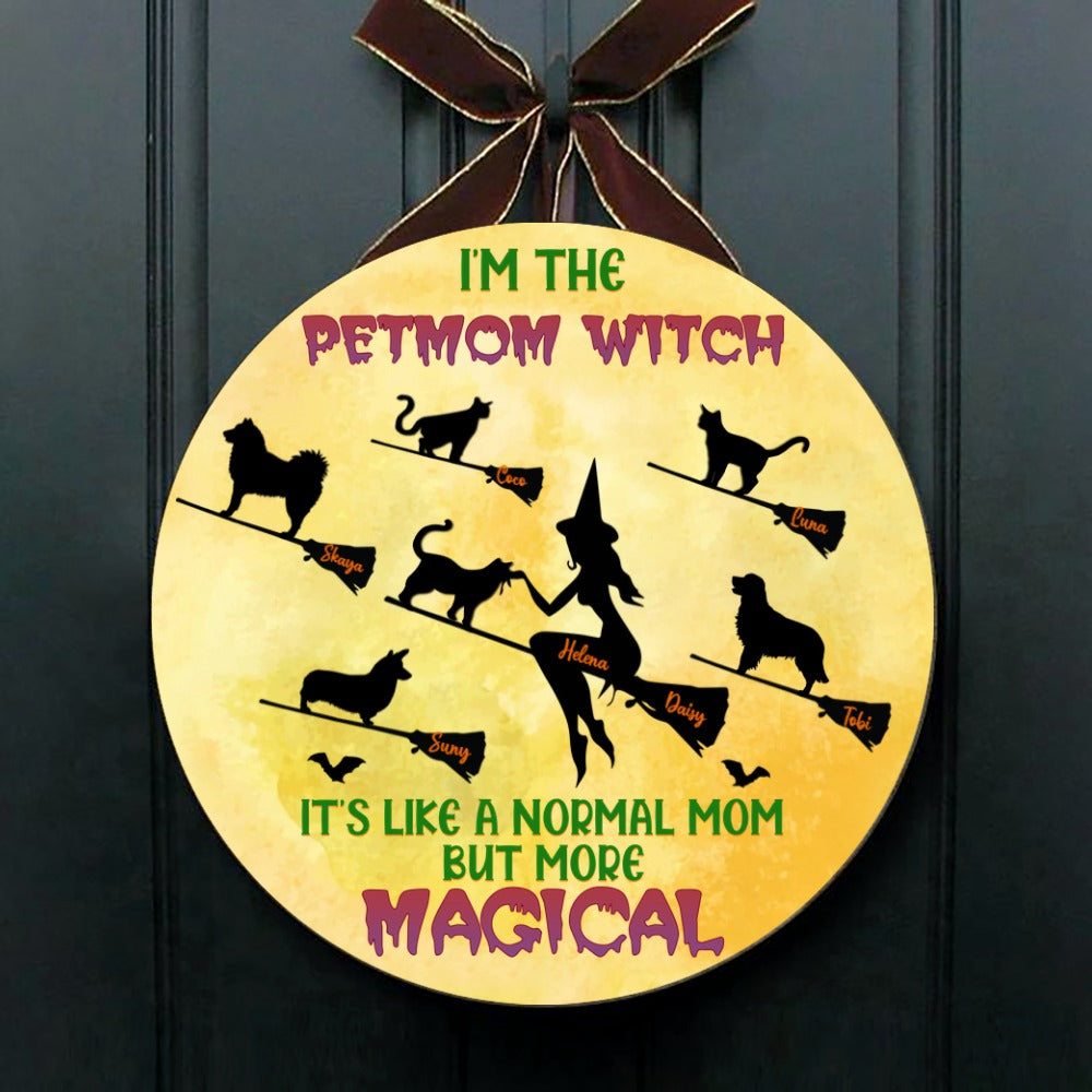 Customwitch Personalized Door Sign For Pet Lovers - Halloween Gift With Custom Names/ Dogs/Cats - Up To 6 Pets/Dogs/Cats - I'm A Pet Mom Witch