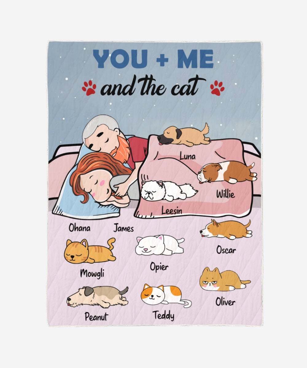 Customwitch Personalized Quilt/Blanket for Couples/Pet Lovers - Cute Gift with Personalized Name/Dad/Mom/Pets, You Me and the Pets - (Up to 9 Pets/Dogs/Cats)