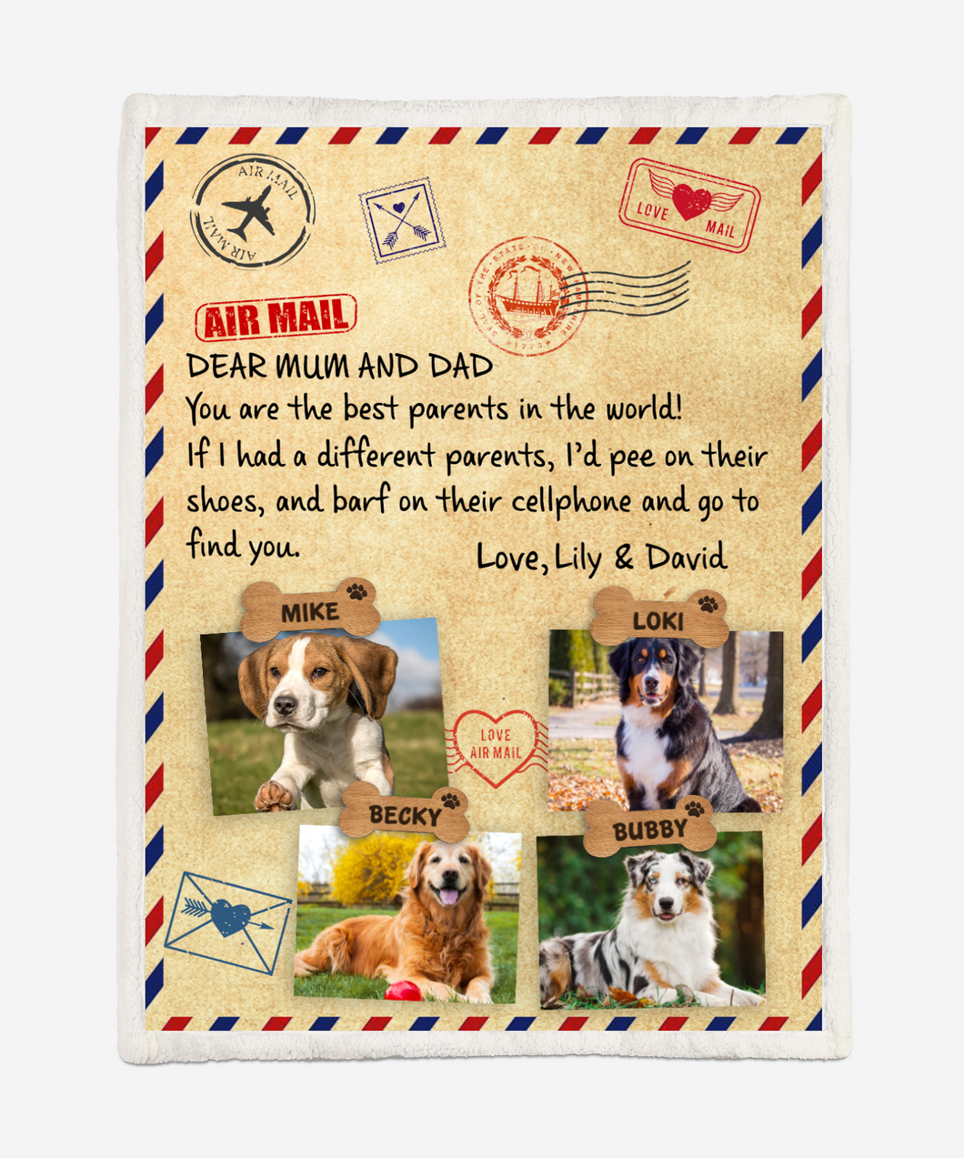 Personalized - Dear Mum and Dad - Air mail Dogs upload image up to 4 Images Blanket